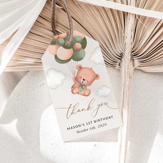 Baby Beer, groene ballonnen, eerste verjaardag Cadeaulabel