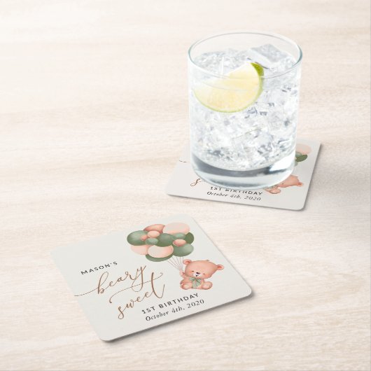 Baby Beer, groene ballonnen, eerste verjaardag Kartonnen Onderzetters (Insitu)