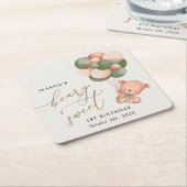 Baby Beer, groene ballonnen, eerste verjaardag Kartonnen Onderzetters (Schuin)