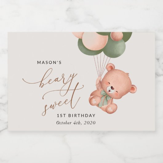 Baby Beer, groene ballonnen, eerste verjaardag Sparkling Wijnetiket (Enkel label)