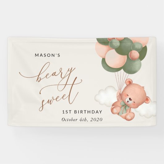 Baby Beer, groene ballonnen, eerste verjaardag wel Spandoek (Horizontaal)