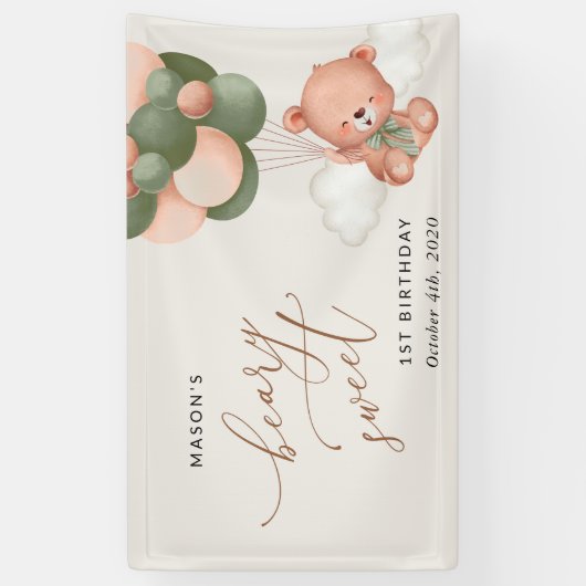 Baby Beer, groene ballonnen, eerste verjaardag wel Spandoek (Verticaal)