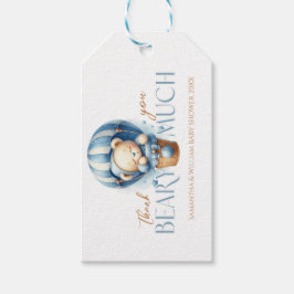 Baby-Beer in blauwe luchtballon Cadeaulabel