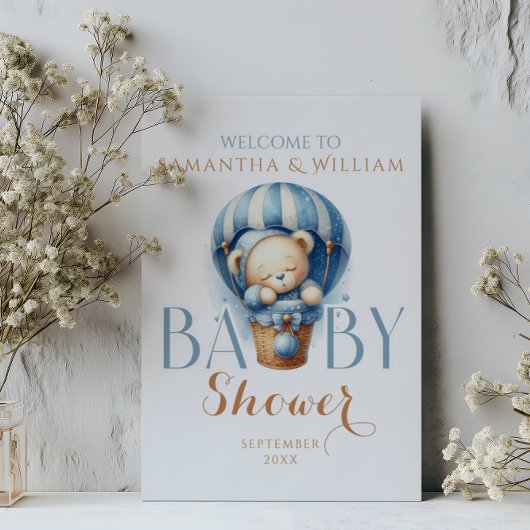 Baby-Beer in blauwe luchtballon Poster