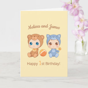 Baby Beer Kat Twins Eerste Verjaardag Geel Blank Kaart