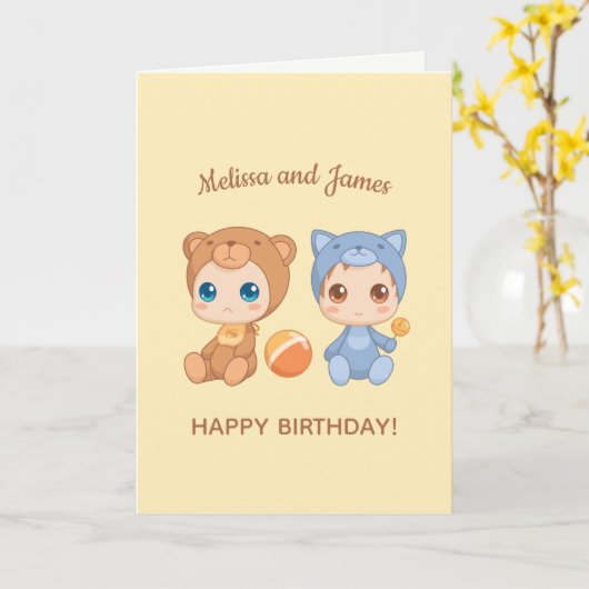 Baby Beer Kat Twins Verjaardag Geel Blank Kaart (Gele Bloem)