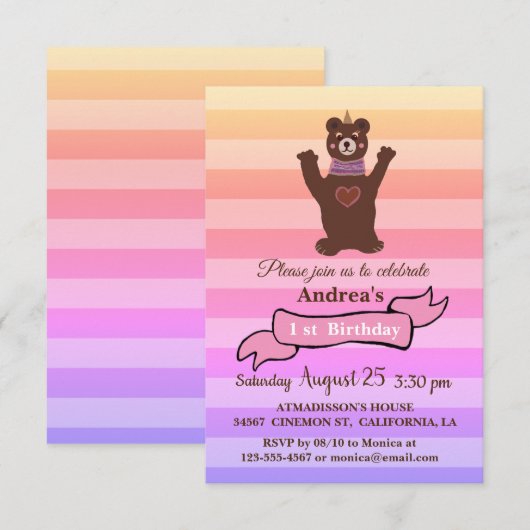 Baby Beer Meisje's Verjaardagsfeestuitnodiging Kaart (Voorkant / Achterkant)