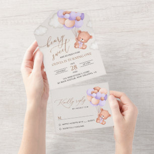 Baby Beer, Paarse ballonnen, eerste verjaardag All In One Uitnodiging