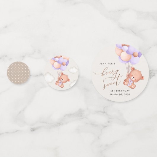 Baby Beer, Paarse ballonnen, eerste verjaardag Confetti (Voorkanten)