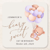Baby Beer, Paarse ballonnen, eerste verjaardag Kartonnen Onderzetters (Voorkant)