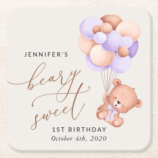 Baby Beer, Paarse ballonnen, eerste verjaardag Kartonnen Onderzetters (Voorkant)
