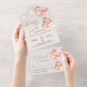 Baby Beer, roze ballonnen, eerste verjaardag All In One Uitnodiging (Afscheurbaar)