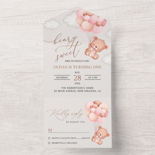 Baby Beer, roze ballonnen, eerste verjaardag All In One Uitnodiging (Binnen)