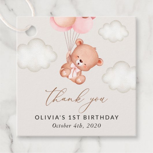 Baby Beer, roze ballonnen, eerste verjaardag Bedankjes Labels (Voorkant)