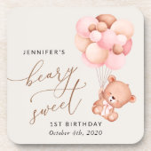 Baby Beer, roze ballonnen, eerste verjaardag Bier Onderzetter (Voorkant)