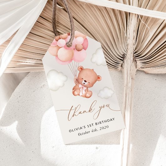 Baby Beer, roze ballonnen, eerste verjaardag Cadeaulabel