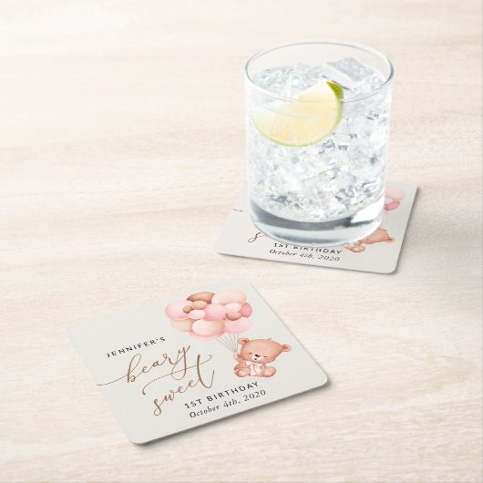 Baby Beer, roze ballonnen, eerste verjaardag Kartonnen Onderzetters (Insitu)