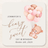 Baby Beer, roze ballonnen, eerste verjaardag Kartonnen Onderzetters (Voorkant)