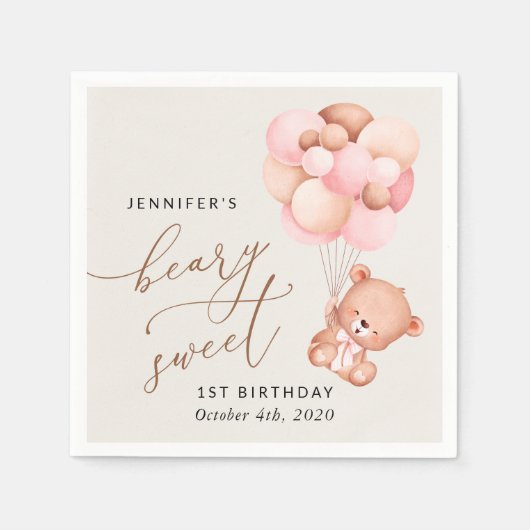 Baby Beer, roze ballonnen, eerste verjaardag Servet (Voorkant)