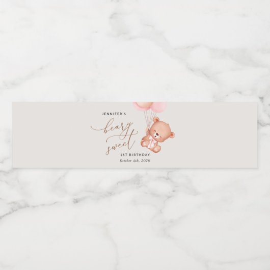 Baby Beer, roze ballonnen, eerste verjaardag Waterfles Etiket (Enkel label)