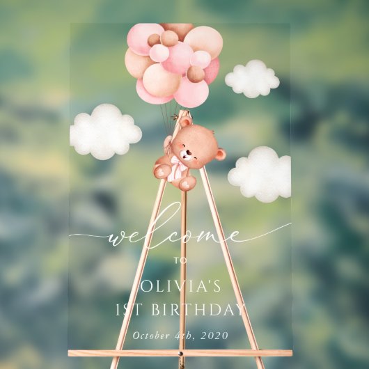 Baby Beer, roze ballonnen, eerste verjaardag welko Acryl Bord (Neutraal)