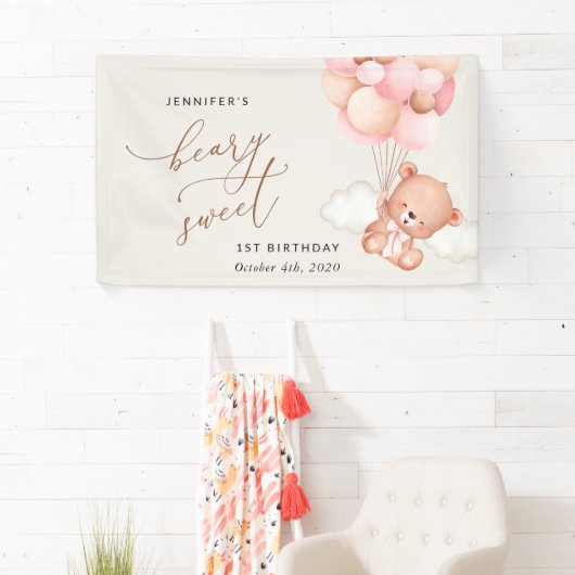 Baby Beer, roze ballonnen, eerste verjaardag welko Spandoek (Insitu)