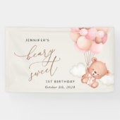 Baby Beer, roze ballonnen, eerste verjaardag welko Spandoek (Horizontaal)