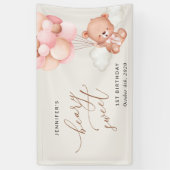 Baby Beer, roze ballonnen, eerste verjaardag welko Spandoek (Verticaal)