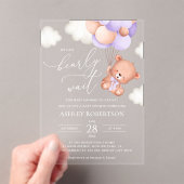 Baby Beer, Schattige Beer, Paarse ballonnen, Baby  Acryl Uitnodigingen (Insitu (Draagbaar))