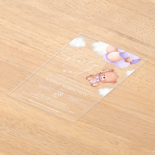 Baby Beer, Schattige Beer, Paarse ballonnen, Baby  Acryl Uitnodigingen (Laagn)