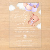 Baby Beer, Schattige Beer, Paarse ballonnen, Baby  Acryl Uitnodigingen (Voorkant)