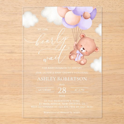 Baby Beer, Schattige Beer, Paarse ballonnen, Baby  Acryl Uitnodigingen (Voorkant)