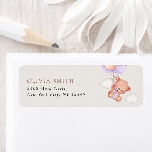 Baby Beer, Schattige Beer, Paarse ballonnen, Baby  Etiket (Insitu)