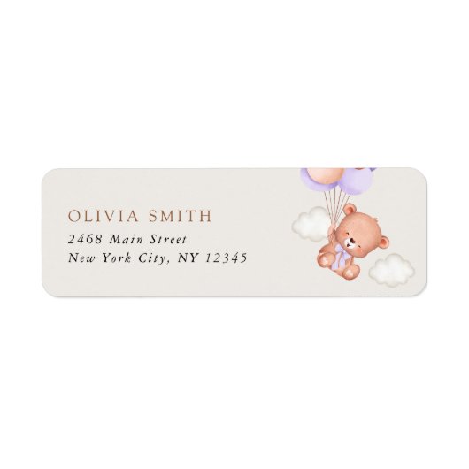 Baby Beer, Schattige Beer, Paarse ballonnen, Baby  Etiket (Voorkant)