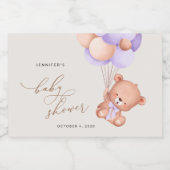 Baby Beer, Schattige Beer, Paarse ballonnen, Baby  Sparkling Wijnetiket (Enkel label)