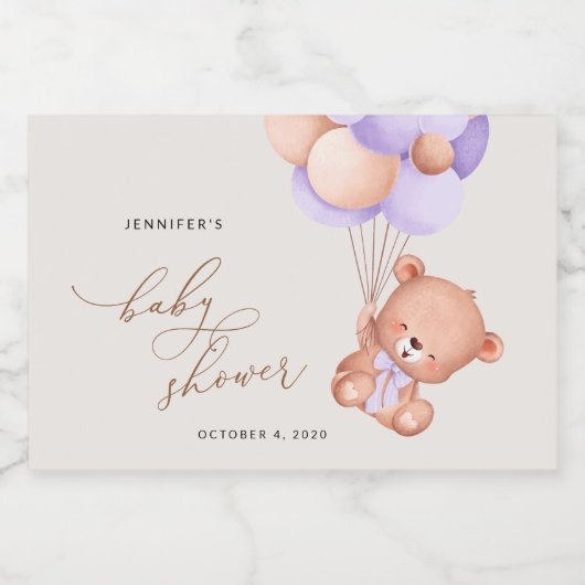 Baby Beer, Schattige Beer, Paarse ballonnen, Baby  Sparkling Wijnetiket (Enkel label)