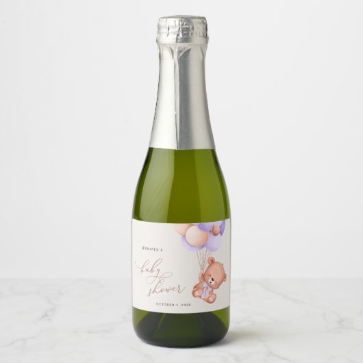Baby Beer, Schattige Beer, Paarse ballonnen, Baby  Sparkling Wijnetiket (Voorkant)
