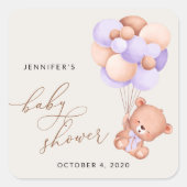 Baby Beer, Schattige Beer, Paarse ballonnen, Baby  Vierkante Sticker (Voorkant)