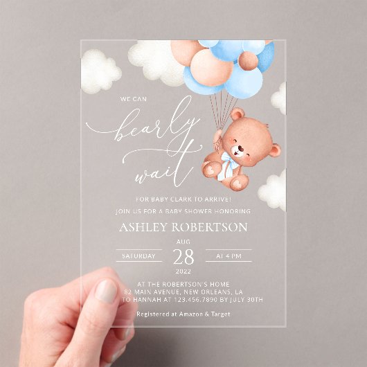 Baby Beer, teddybeer, blauwe ballonnen, Baby showe Acryl Uitnodigingen (Insitu (Draagbaar))