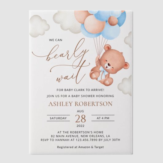 Baby Beer, teddybeer, blauwe ballonnen, Baby showe Vellum Uitnodigingen (Voorkant)