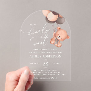Baby Beer, teddybeer, bruine ballonnen, Baby showe Acryl Uitnodigingen