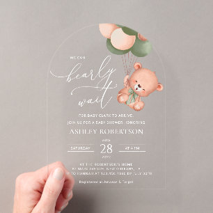Baby Beer, teddybeer, groene ballonnen, Baby showe Acryl Uitnodigingen