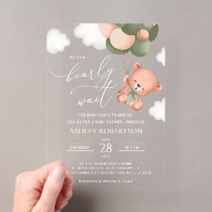 Baby Beer, teddybeer, groene ballonnen, Baby showe Acryl Uitnodigingen