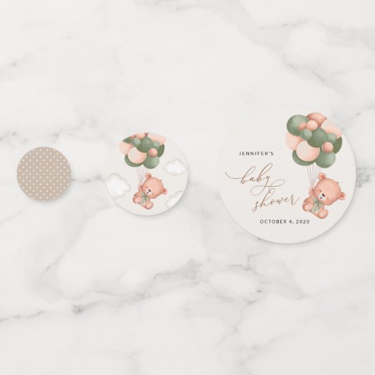 Baby Beer, teddybeer, groene ballonnen, Baby showe Confetti (Voorkanten)