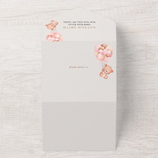 Baby Beer, teddybeer, roze ballonnen, Baby shower All In One Uitnodiging (Buitenkant)
