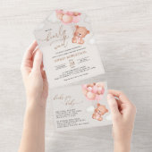 Baby Beer, teddybeer, roze ballonnen, Baby shower All In One Uitnodiging (Afscheurbaar)