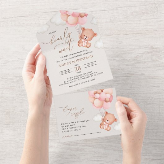 Baby Beer, teddybeer, roze ballonnen, Baby shower All In One Uitnodiging (Afscheurbaar)