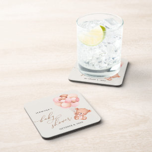 Baby Beer, teddybeer, roze ballonnen, Baby shower Bier Onderzetter