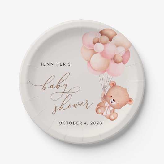 Baby Beer, teddybeer, roze ballonnen, Baby shower Papieren Bordje (Voorkant)