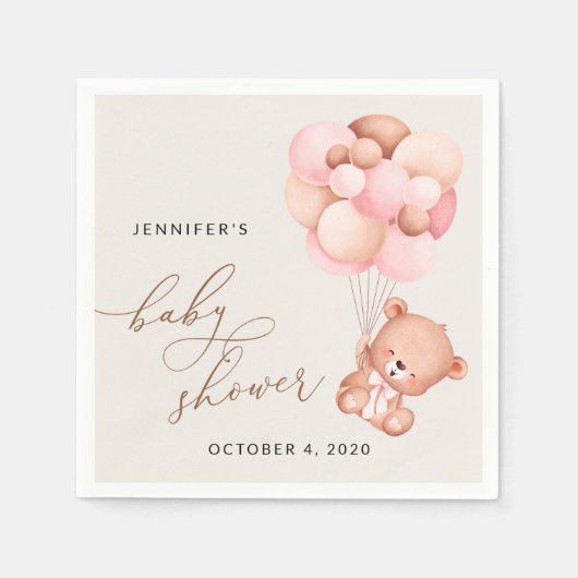 Baby Beer, teddybeer, roze ballonnen, Baby shower Servet (Voorkant)